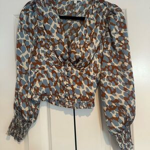 Heartloom Blue Brown Cream Spot-Print V-Neck Blouse